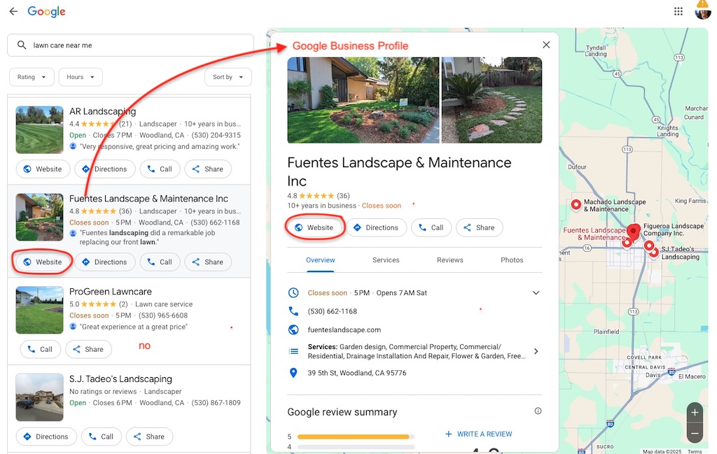 Screenshot of lawn care business on Google Maps showing GBP